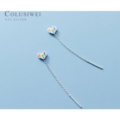 Colusiwei Real 925 Sterling Silver Rainbow Colors Enamel Sweet Lovely Love Heart Drop Earrings for Women Ear Chain Fine Jewelry