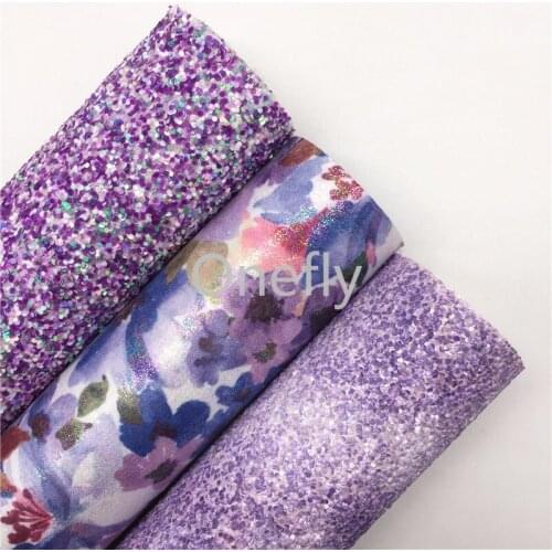 Onefly 21X29CM Purple Glitter Leather Fabric, Flowers Printed Faux Fabric Sheets For Bow DIY handbags shoes AQ077