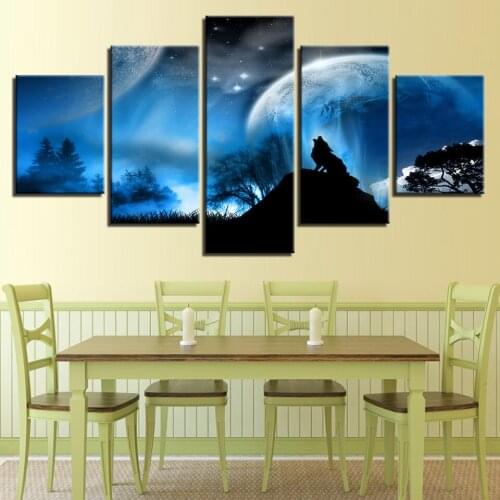 Canvas Paintings Home Decor Framework HD Prints 5 Pieces Moon Night Wolf Howl Pictures Animals Posters For Living Room Wall Art