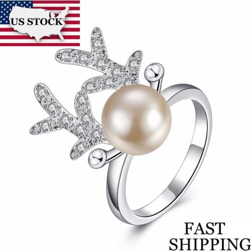 USA STOCK Uloveido Christmas Deer Rings for Women Simulated Pearl Cubic Zirconia Cute Anime Ring Female Jewelry Aneis 10% CR790