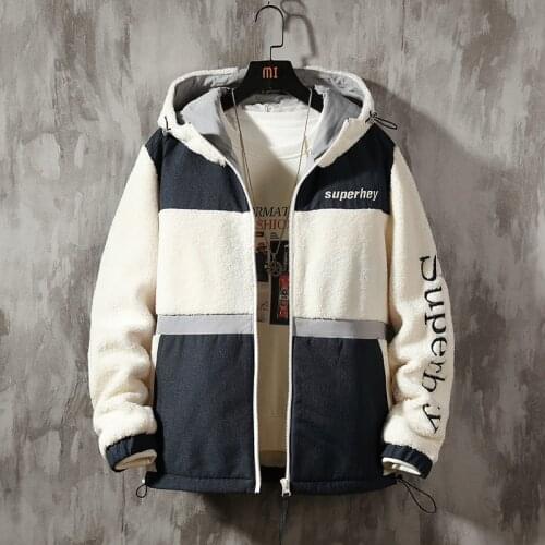 Mens Autumn Winter Cashmere Jacket Fashion Wild Fleece Warm Jacket Streetwear Color Block Letter Embroidery Hooded Jackets Men
