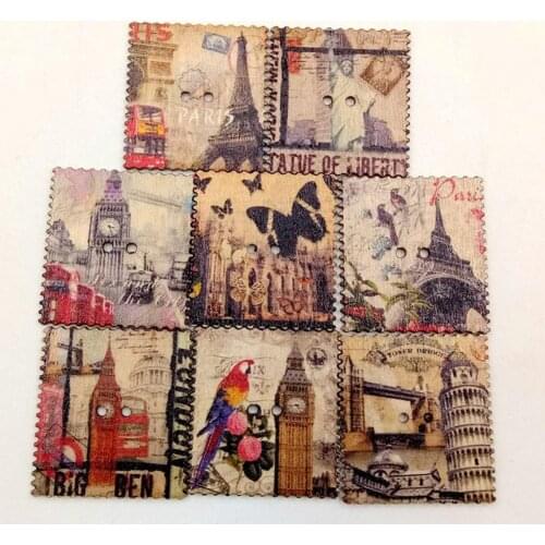 HOT SALES!!! 50Pcs Retro Tower Postcard Style Wooden Buttons DIY Sewing Scrapbooking Craft