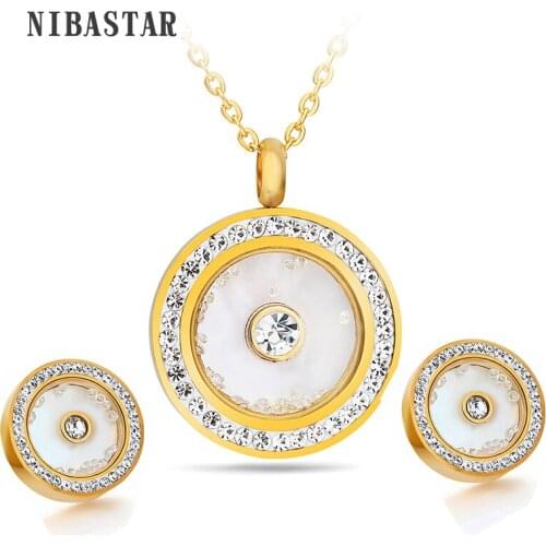 Fashion New Arrival 316L Stainless Steel Crystal Jewelry Gold-Color Wedding Jewelry Sets with necklaces stud earrings for women