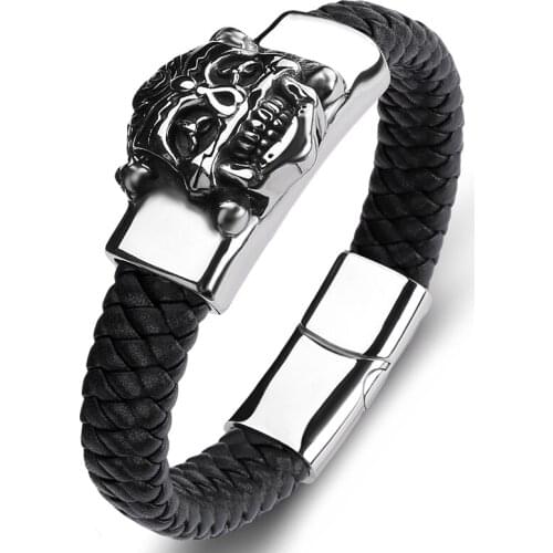 Fashion Handmade Braided Leather Bracelet Men Punk Hiphop Jewelry Stainless Steel Skull Bangle Male Skeleton Wristband Gift P120