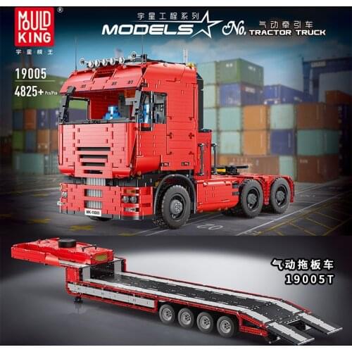 MOULD KING 19005 19005T Motorized Tractor Truck MOC-4814 LOWBOY-Trailer Drag Board Building Block Technci Bricks Toys Kids Gifts