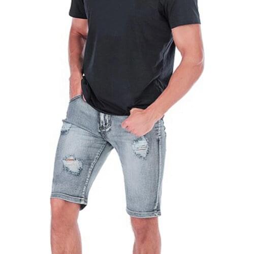 Retro Ripped Holes Men Shorts Multi Pockets Slim Mid Waist Straight Denim Knee-length Short Pants Casual Daily Streetwear