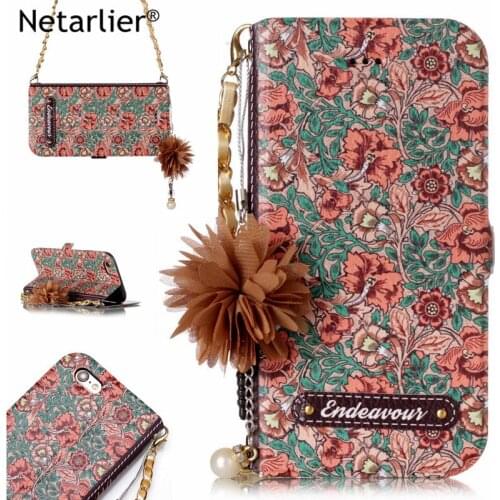 Netarlier Wallet Case For iPhone 6 6s 4.7 Flowers Kickstand With Card Pocket Chain Leather Wallet Phone Case Cover Pink Red Blue