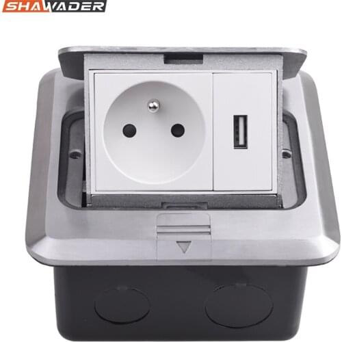 Pop Up Floor Socket 16A French Standard Power Outlet With USB Charging Port All Aluminum Silver Panel 5V/1A for Home Office