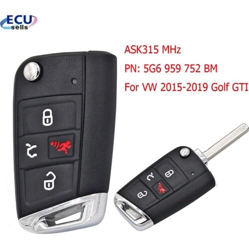 4 Button 315MHz Flip Remote Key for Volkswagen Golf GTI 2015-2019 P/N: 5G6 959 752 BM HU162 blade With Recess