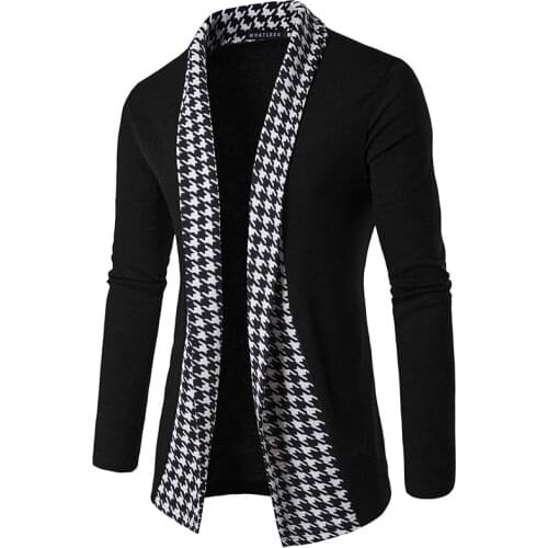 LUCLESAM men autumn Houndstooth scarf collar cardigan male casual slim sweater casaco masculino sueter masculino