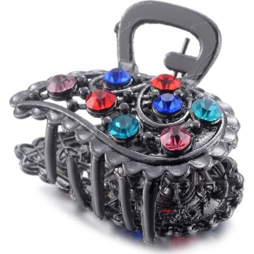 Womens Retro Metal Small Mini Flower Crab Clip Colorful Crystal Rhinestone Hair Claws Vintage Hair Jewelry Accessories Gifts