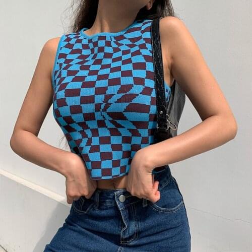 Plaid Printed Y2k Crop Top Women Harajuku Vintage Y2k Sleeveless Vest Slim O Neck Fashion Crop Summer Knit Tank Top Streetwear