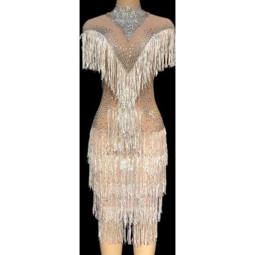 Female White Tassele Rhinestone Perspective Performance Dress Womens Sexy Dancer Costumes Female Nitghclub Style Singer Clothes