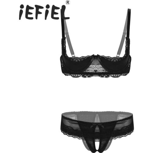 Women Sexy Black Lace Lingerie Set Adjustable Straps 1/4 Cup Unlined Shelf Bra with Low Rise Crotchless Briefs Underwear Outfit