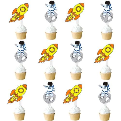 1set Space Theme Cake Topper Astronaut Rocket Shaped Cake Decoration Topper Paper Cake Picks Cupcake Toppers Kids Party Supplies