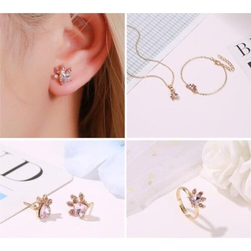 1 Set Pink Crystals Cat Paw Print Earrings Rings Pendant Bracelet Adjustable Pet Cat Dog Paw Jewerly Set for Women