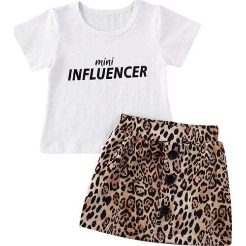 2PCS Toddler Kids Baby Girl Clothes Short Sleeve Letter Tops T-Shirt+Leopard Print Skirt Outfits Summer Fashion Casual Set