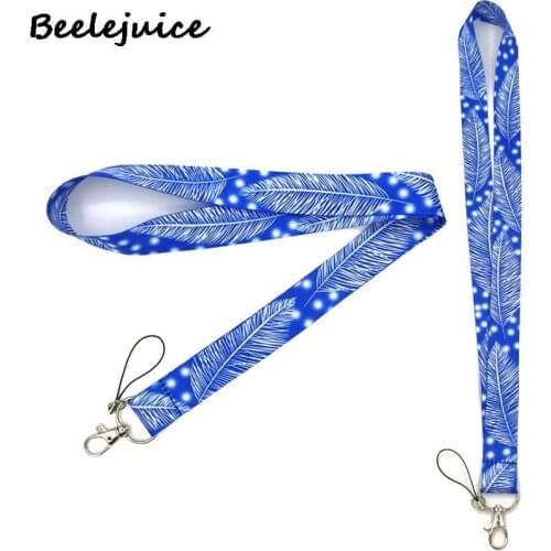 24pcs White Snow Blue Leaves Feathers Lanyard Badge ID Mobile Phone Rope Key Lanyard Neck Straps Accessories webbings ribbons