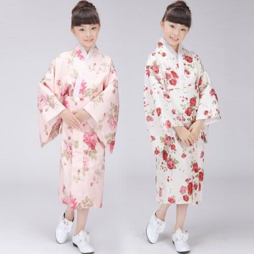 Child Traditional Japanese Kimono Girl Long Gown Bathrobe Yukata Dress Satin Kids Kimono Japones for Stage Cosplay Costume 89