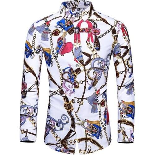Men Fashion Long Sleeved Hawaiian shirt Mens Nice Spring Pop Casual Chain Printing Slim Lapel Long Sleeve Chemise Homme 7XL