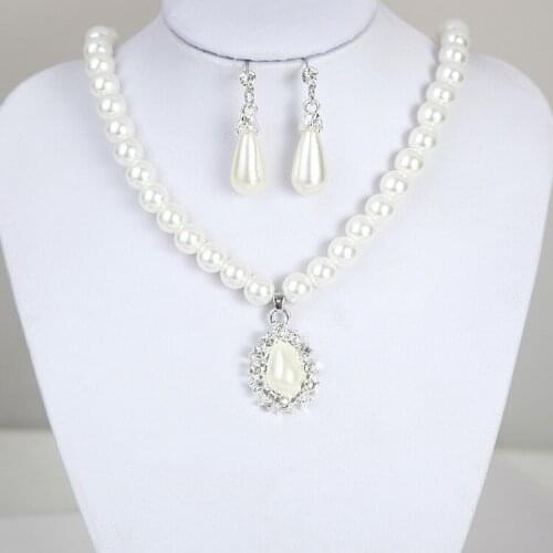 1set Elegant Pearl Crystal Drop Earrings Chain Necklace Wedding Party Jewelry Set