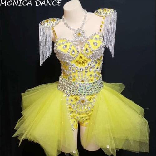 Women Sexy Stage Neon Yellow Rhinestone Outfit Leotard Skirt Stage Show Shoulder Pads Dance Wear Chains Fringes Clothing Set