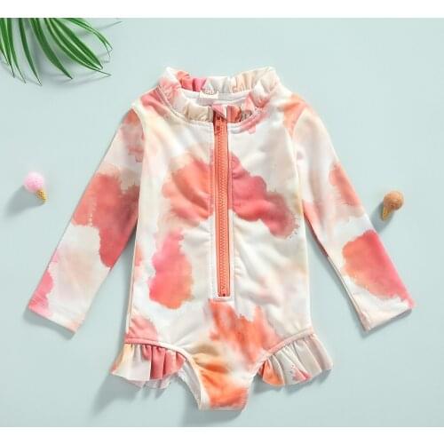 Toddler Baby Girls Summer Tie-dye Printing Swimsuit Lovely Infant Beachwear Ruffles Long Sleeve Swimwear Children Clothes