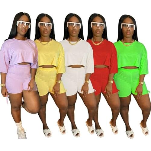 Fashion Leisure Sports Drawstring Two Piece Sets Women Round Neck Half Sleeve Loose Top+pleated Bodycon Shorts Fitness Tracksuit