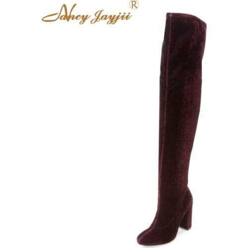 Flock Women Shoes Adult ladies Boots Over-the-knee Lace-up Super High Square heels Zipper Winter Solid Leisure Nancyjayjii 2019