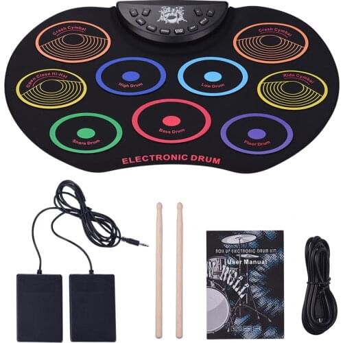 Portable Size Electronic Drum Kit 9 Silicon Drum Pads Roll-Up Drum Set USB/Battery Powered with Drumsticks Foot Pedals