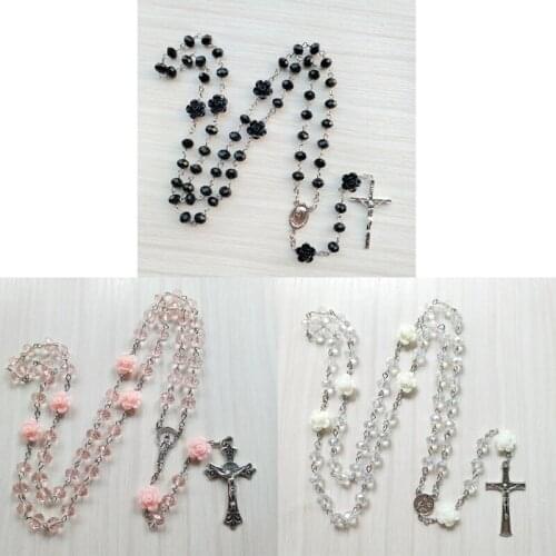 QX2E Rose Crystal Rosary Necklace Catholic Vintage Cross Pendant Long Chain Necklace Religious Jewelry Gift