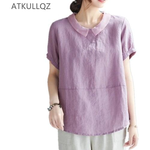 Cotton and Linen Solid Color Stitching Shirt 2021 Plus Size Womens Short-sleeved Doll Collar Bottoming Shirt Age-reducing Top
