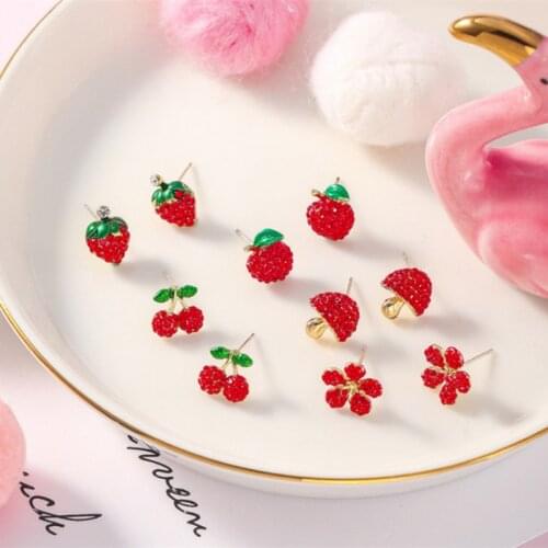 Red Cherry Strawberry Flowers Earring Aluminum Alloy Pin Earring Sweet Girlish Temperament Fashion Jewelry Accessories