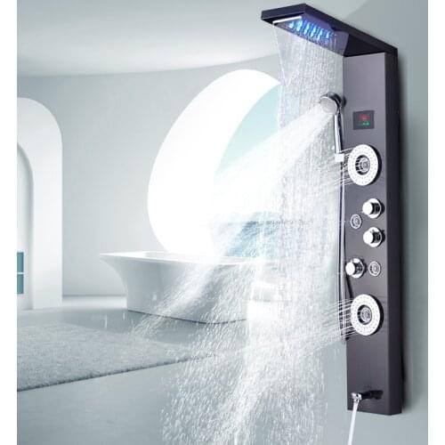 Newly Luxury Black/Brushed Bathroom Shower Faucet LED Shower Panel Column Bathtub Mixer Tap With Hand Shower Temperature Screen