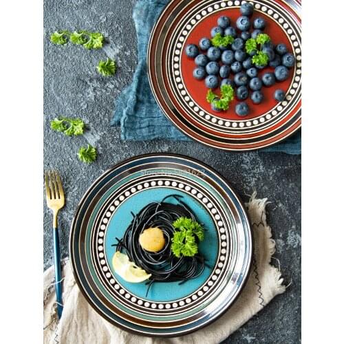 1Pcs Creative kiln glazed circle line round ceramic plate tableware Western steak salad dessert cake sushi storage tableware