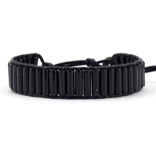 Unique Tube Shape Black Onyx Single Leather Wrap Bracelets Wholesale Handmade Bohemian Weaving Bracelet Dropshipping