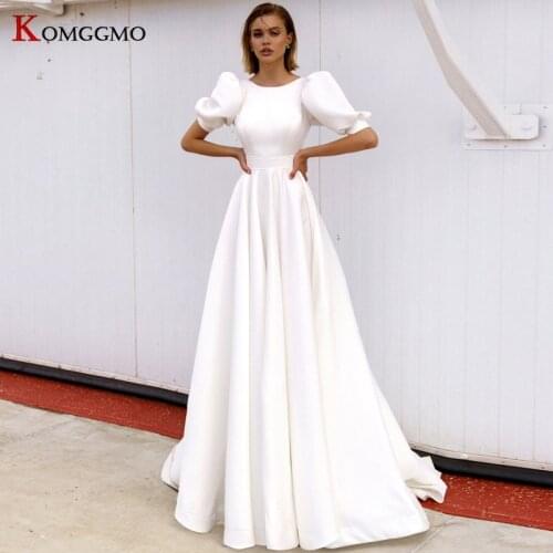 Vestido De Noiva 2021 Chapel Train Lantern Sleeve O-Neck A-Line Wedding Dress Elegant Button Back Bridal Gown Robe De Mariée