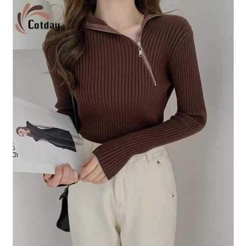 Cotday Design Zipper Minimalist Knit Women Autumn Winter 2020 New Korea Lady Turtleneck Slim Thin Brown Pullover Sweater