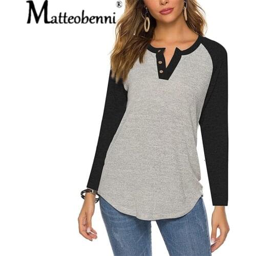 2021 Autumn Women Color Contrast Long Sleeve T Shirt Ladies Sexy V Neck Button Solid Color Blouse Femme Casual Loose Streetwear