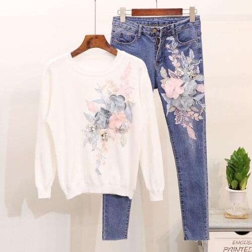 Amolapha Women Sequins 3D Floral Pullovers Denim Jeans Suits Knit Sweaters Tops Slim Fit Pants Sets for Female Woman