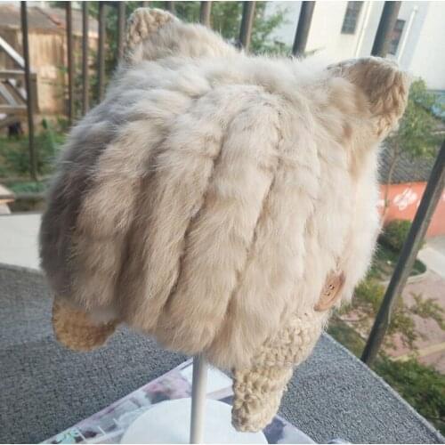 Womens natural rabbit fur knitted Hats girls winter lovely cat ear thicken warm fashion parent-child Skullies & Beanies TB377