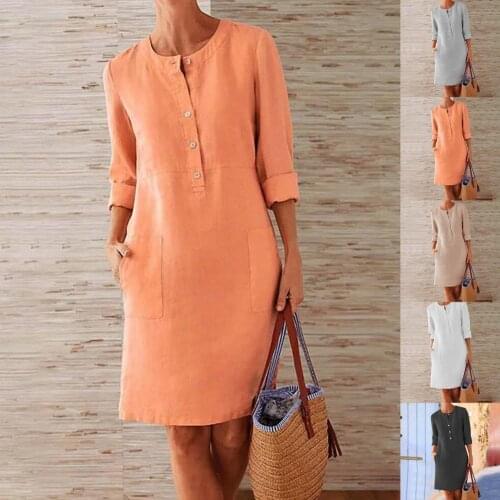 Women Dress Solid Color Pockets Summer Loose Casual Round Neck Long Sleeve Buttons Dress for Dating Dress Vestidos Size XXXL