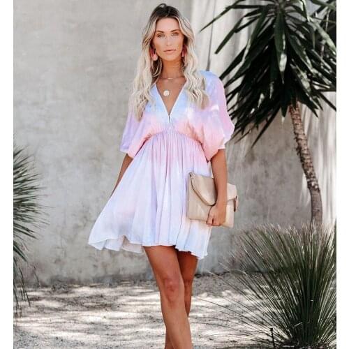 Happie Queens women short sleeve beach tie dye Bohemian mini dress Ladies v-neck polyester Boho sundress vestidos