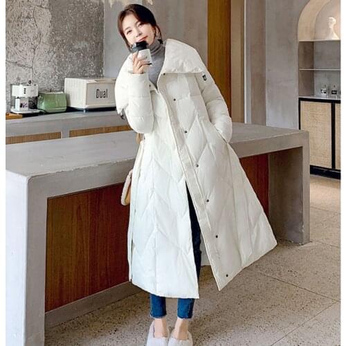 2021 Winter New Style Cotton-Padded Jacket Womens Long Solid Color Padded Down Padded Cotton Coat Belt Lapel Padded Casaco