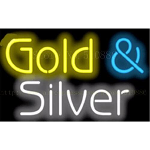 Gold & Silver NEON SIGN REAL GLASS BEER BAR PUB LIGHT SIGNS display Pawn Shop Restaurant Transaction Advertising Lights 17*14"