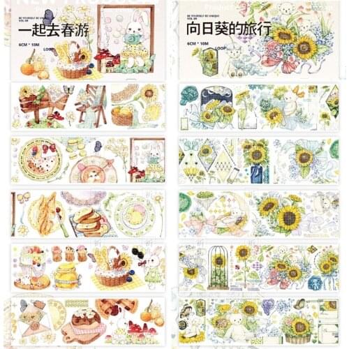 1 Loop Go Spring Outing Sunflowers. Wood, Horizontal Crystal Pet Washi Tape