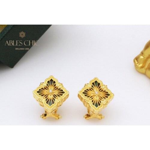 18K Gold Tone Green Agate Clover Earrings Vintage Renaissance 925 Silver Celtic Studs Wedding Fine Jewelry C11E4S25406
