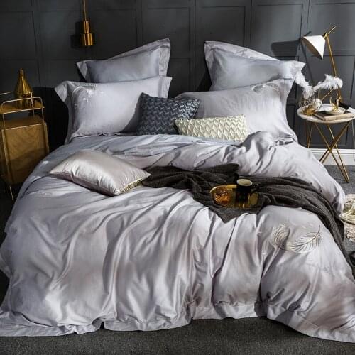 Grey feather embroidery bedding sets egyptian cotton bed set queen king size duvet cover bed sheet set pillowcase 4/6pcs