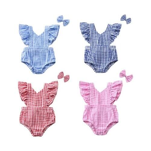 0-24M Newborn Baby Girls Bodysuits Clothes Plaid Print Ruffles Sleeveless Backless Jumpsuits 4 Colors
