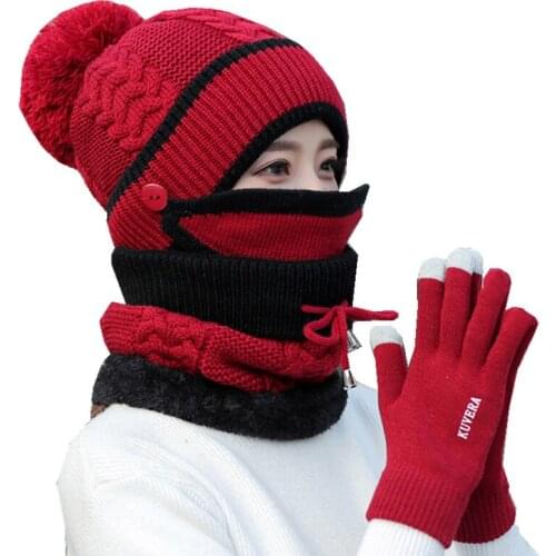 Brand New Winter Women Hat Scarf Gloves 4Pcs Set Girls Thick Plush Winter Women Accessories Female Outdoor Beanie Scarf Gloves